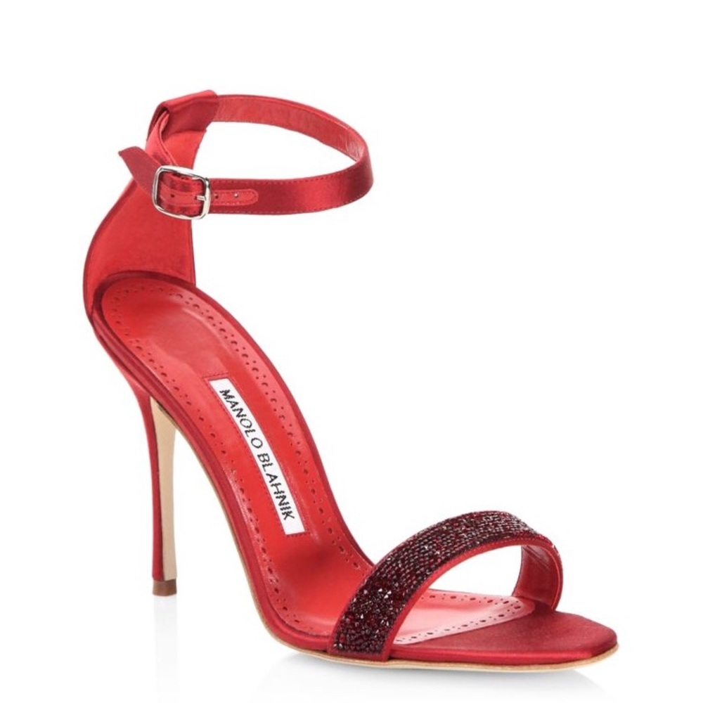 Red satin Manolo Blahnik “Chaos” Crystal Heel
